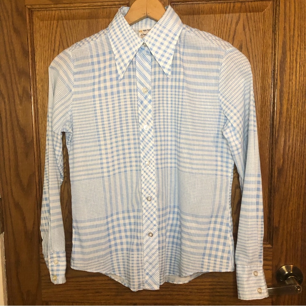 Vintage 1970s JC Penney Women’s Blue Gingham Button Down Long Sleeved Shirt